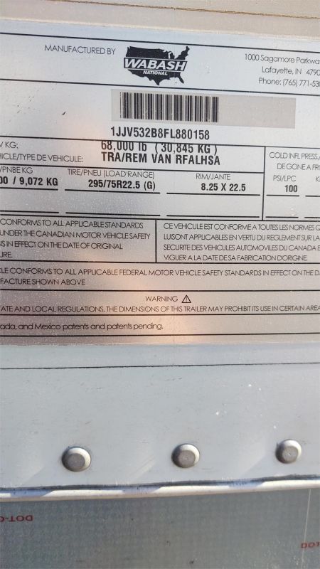 2015 WABASH NATIONAL 53' REEFER 14 TALL 7173630977