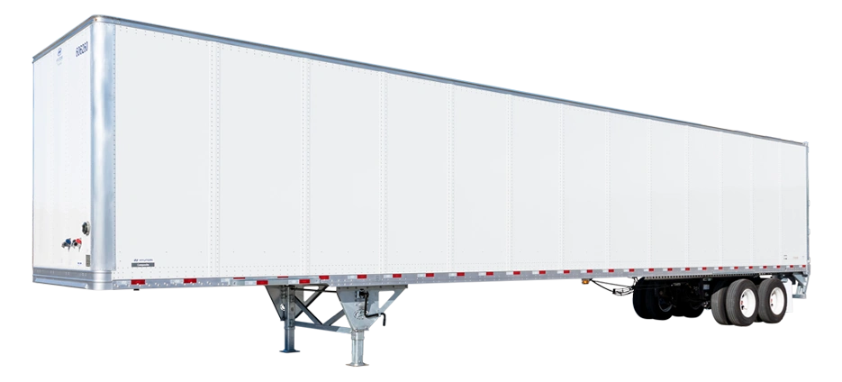 Row of Hyundai Translead dry van trailers parked at dealership with clear sky background