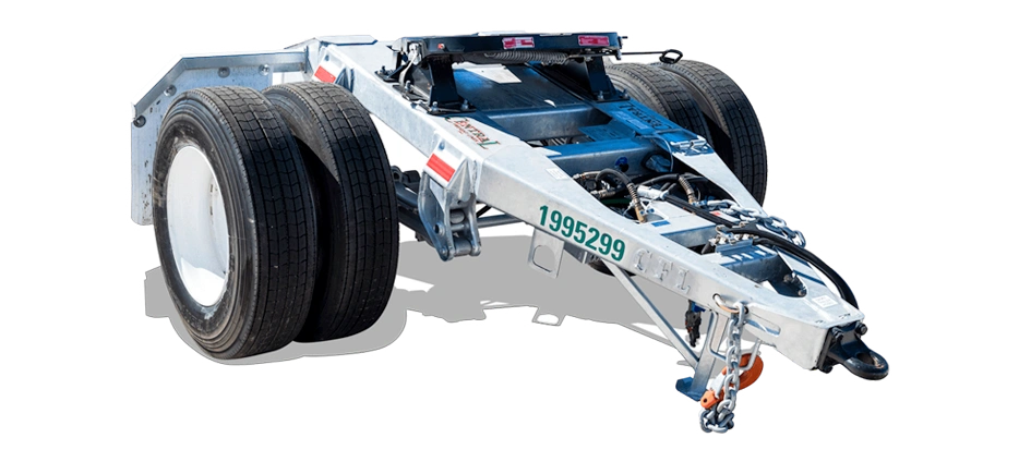 Multiple Hyundai converter dollies with dual axles and galvanized steel frames lined up in storage yard